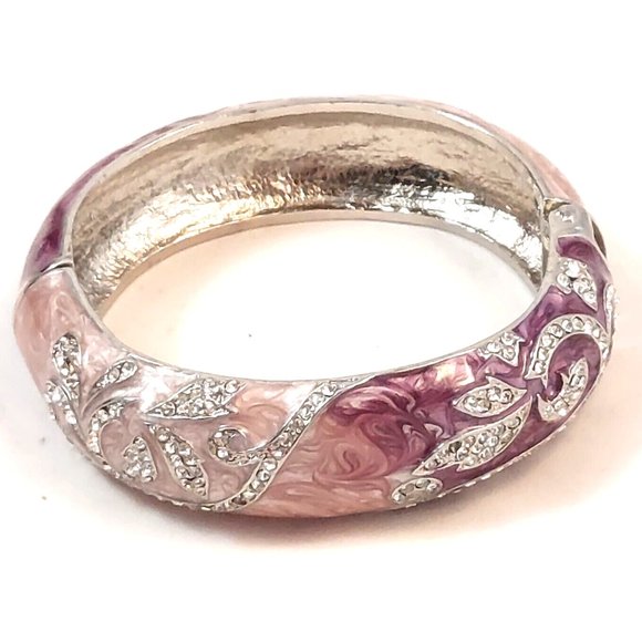 CRYSTAL STUDDED HINGED BANGLE BRACELET  PINK ENAMEL USA - Picture 4 of 7